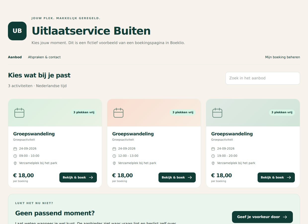 Boekingspagina van Uitlaatservice Buiten met Groepswandeling. Fictief voorbeeld.