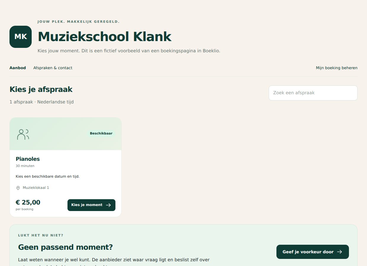 Boekingspagina van Muziekschool Klank met Pianoles. Fictief voorbeeld.