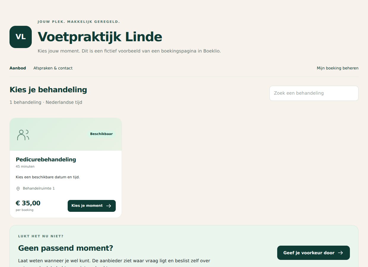 Boekingspagina van Voetpraktijk Linde met Pedicurebehandeling. Fictief voorbeeld.