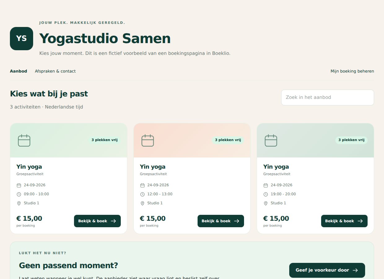 Boekingspagina van Yogastudio Samen met Yin yoga. Fictief voorbeeld.
