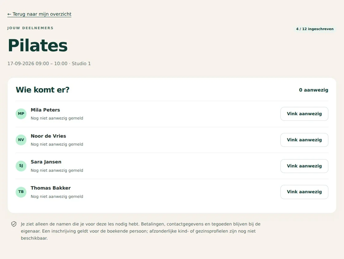 Je docent of trainer · pakket Team — desktopweergave met fictieve gegevens van Studio Vandaag