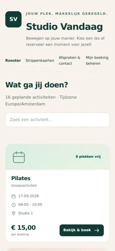 Jouw eigen boekingspagina — mobiele weergave met fictieve gegevens van Studio Vandaag