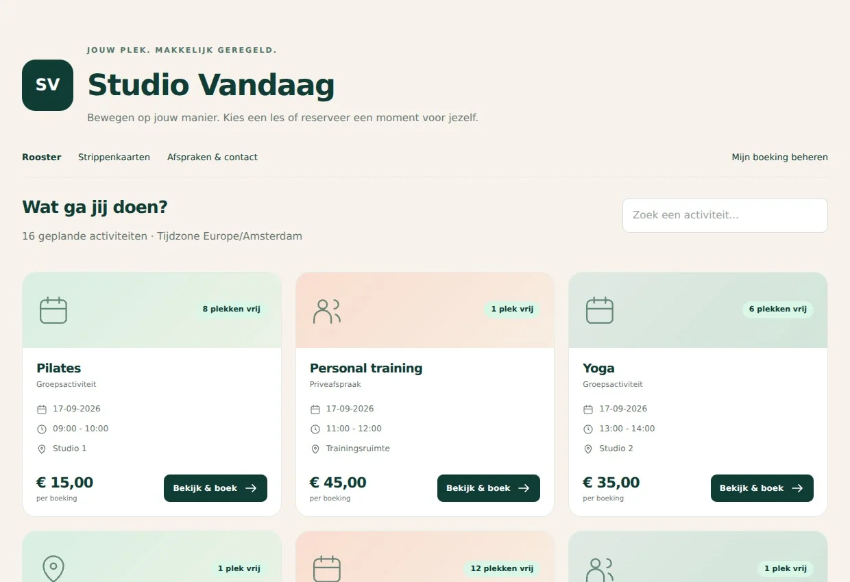 Jouw eigen boekingspagina — desktopweergave met fictieve gegevens van Studio Vandaag