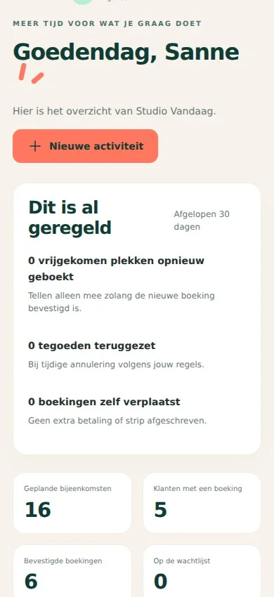 Je overzicht als ondernemer — mobiele weergave met fictieve gegevens van Studio Vandaag