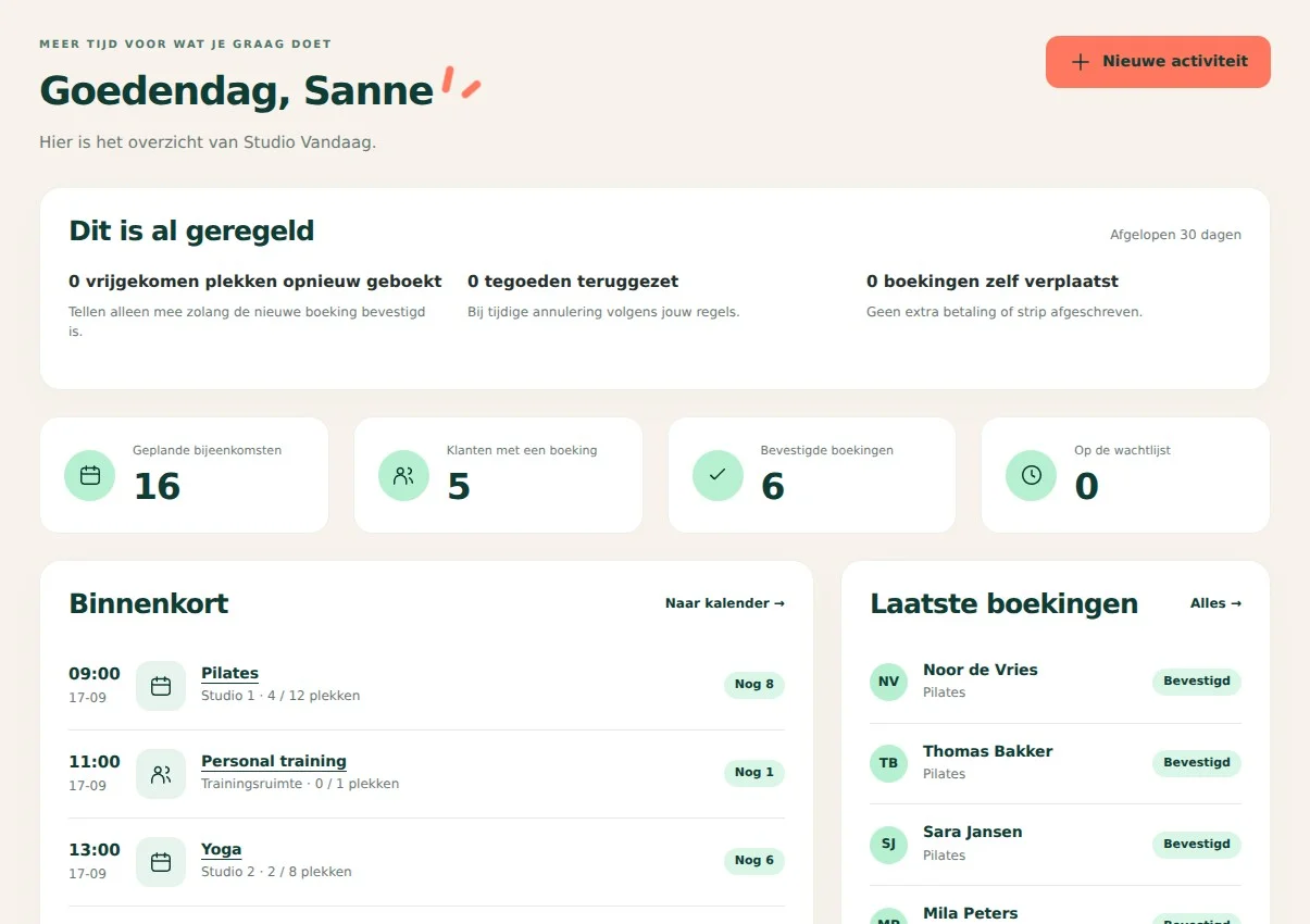 Je overzicht als ondernemer — desktopweergave met fictieve gegevens van Studio Vandaag